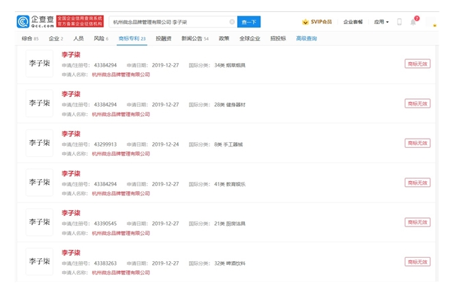 杭州微念申請李子柒商標被全部駁回